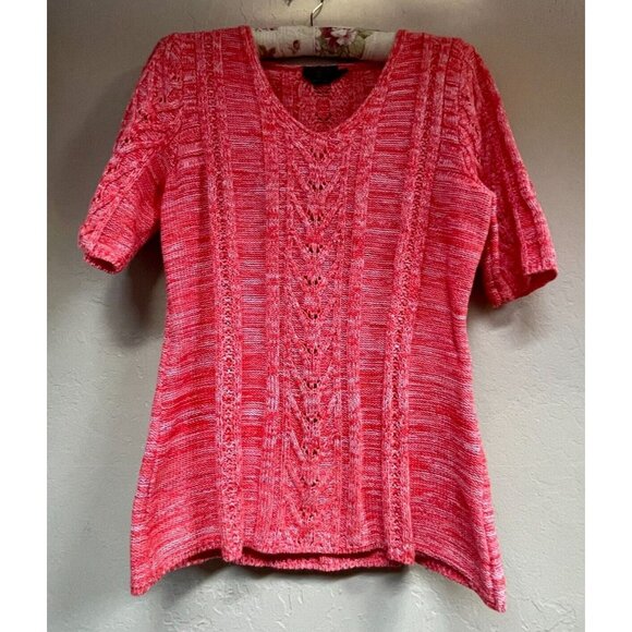 Pendleton Womens V-Neck Cable Knit Sweater Large Short Sleeve Orange Pullover - Picture 1 of 9